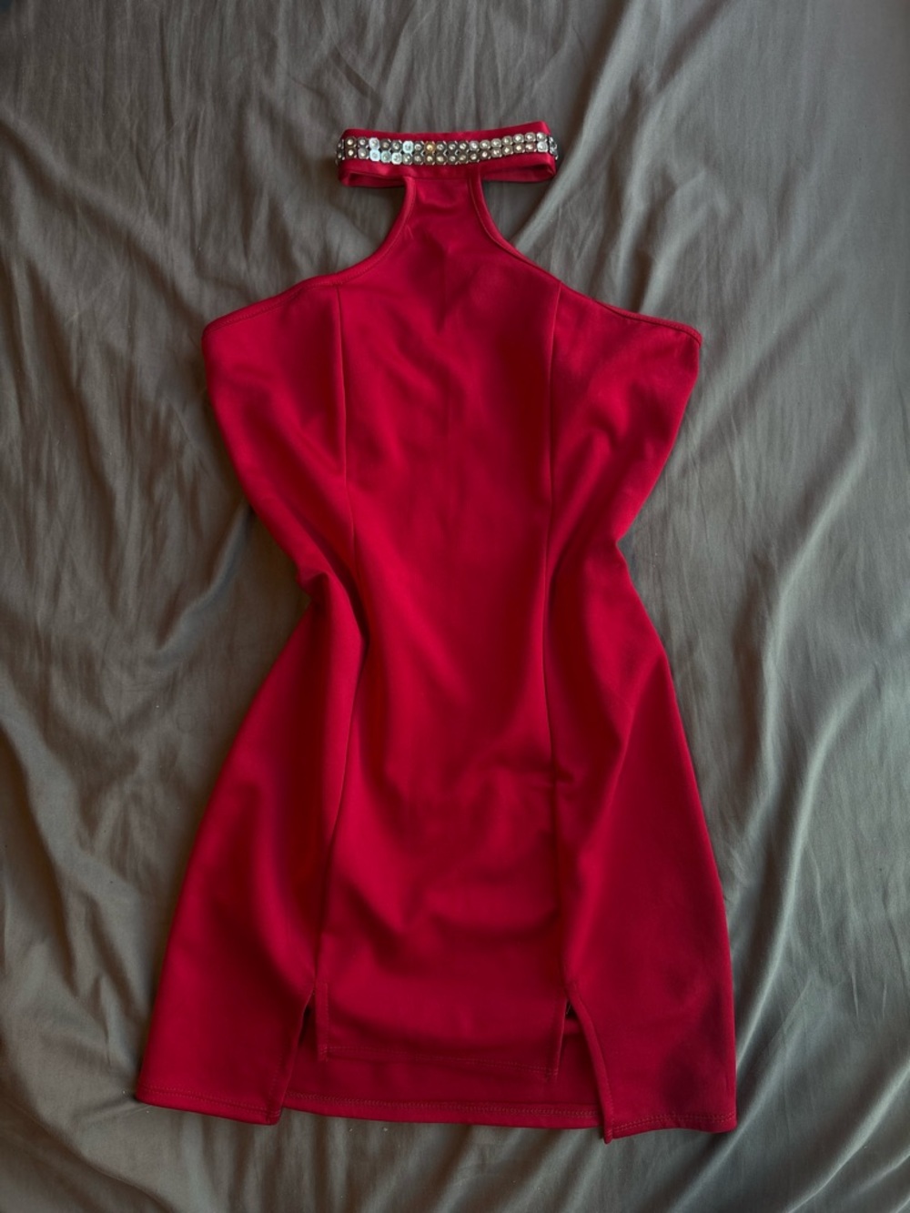 January 7 Red Mini Dress Rhinestone Embellished Halter Bodycon